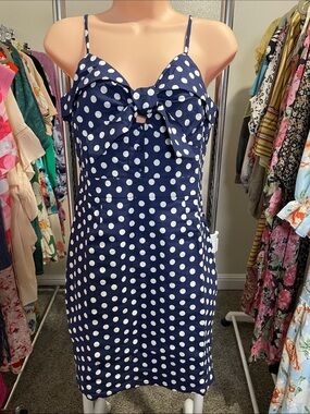 Main Strip Navy and White Polka Dot Tie-Front Mini Dress